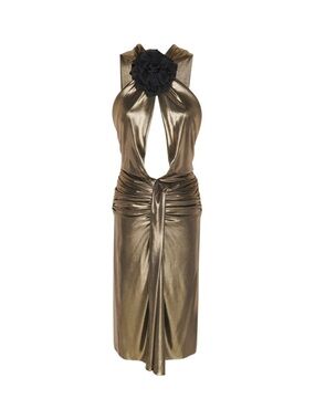 Saint Laurent Metallic Jersey Lamé Dress Silk Rosette Bronze Gold NWT FR34 XXS
